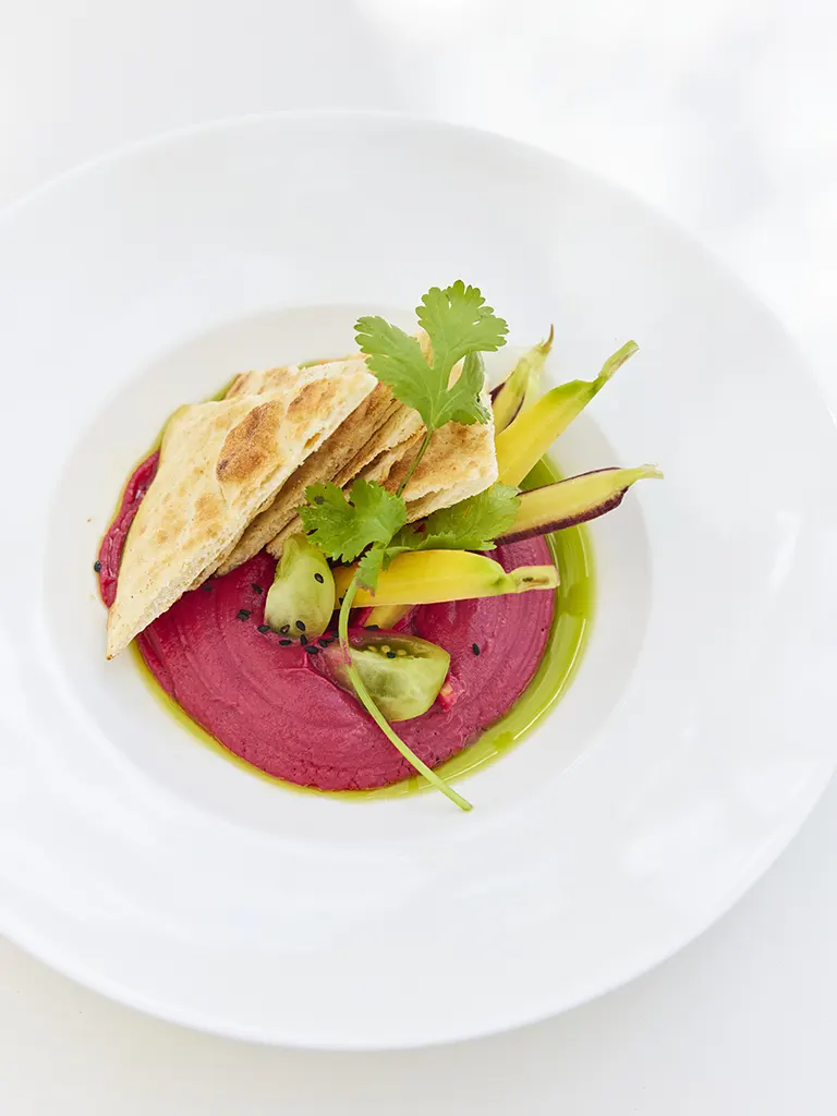 Beetroot hummus at The Fig Tree restaurant at The Potlatch Club, Eleuthera